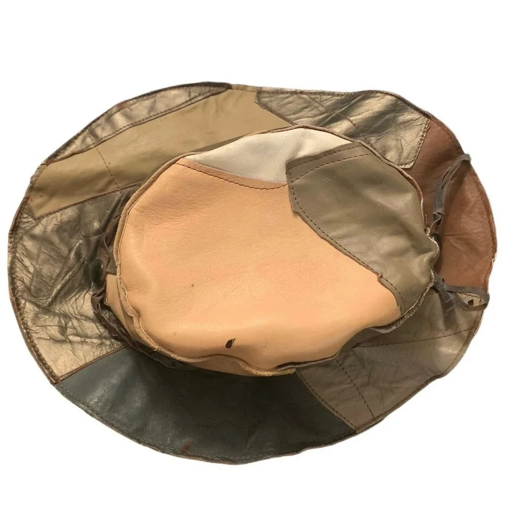 Vintage Genuine Leather Embellished Studded Patchwork Hat Brown Tan Green Cream